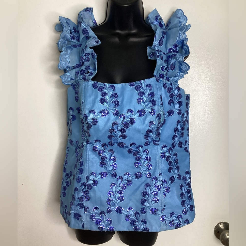 Handmade Floral Embroidered Blue Bustier with Ruffles & Sequins S